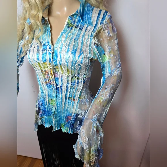 Caché Vintage Blue Abstract Floral Mesh Lace Button Up Blouse Crinkle Texture S - Picture 4 of 10